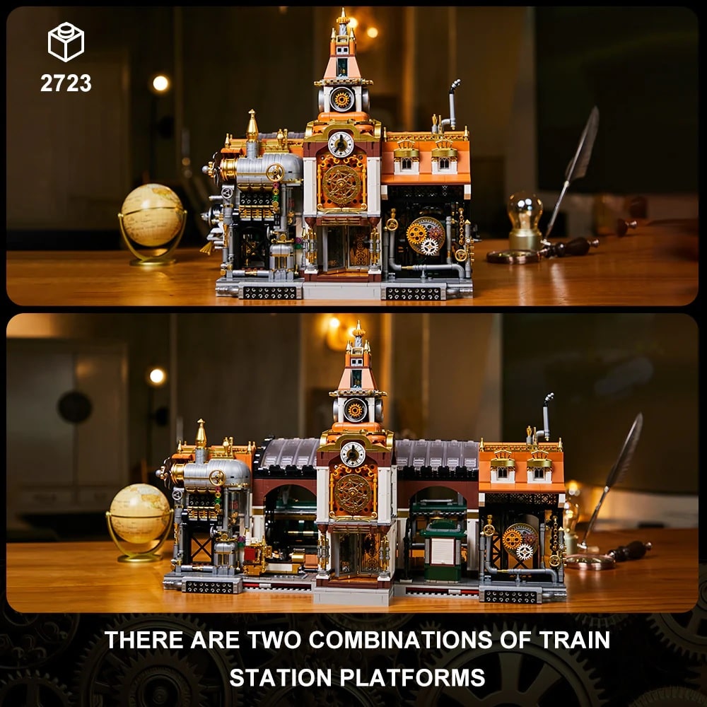 Set Di Costruzione Stazione Ferroviaria Steampunk BRICKKK PANTASY - Mattoncini Per Adulti Con Torre Dell'Orologio E Porte Girevoli - Modello Architettonico Da Collezione
