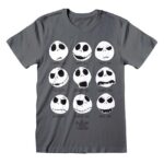 NIGHTMARE BEFORE CHRISTMAS JACK FACES - T-Shirt 100% Cotone Grigio Unisex Maglietta Manica Corta