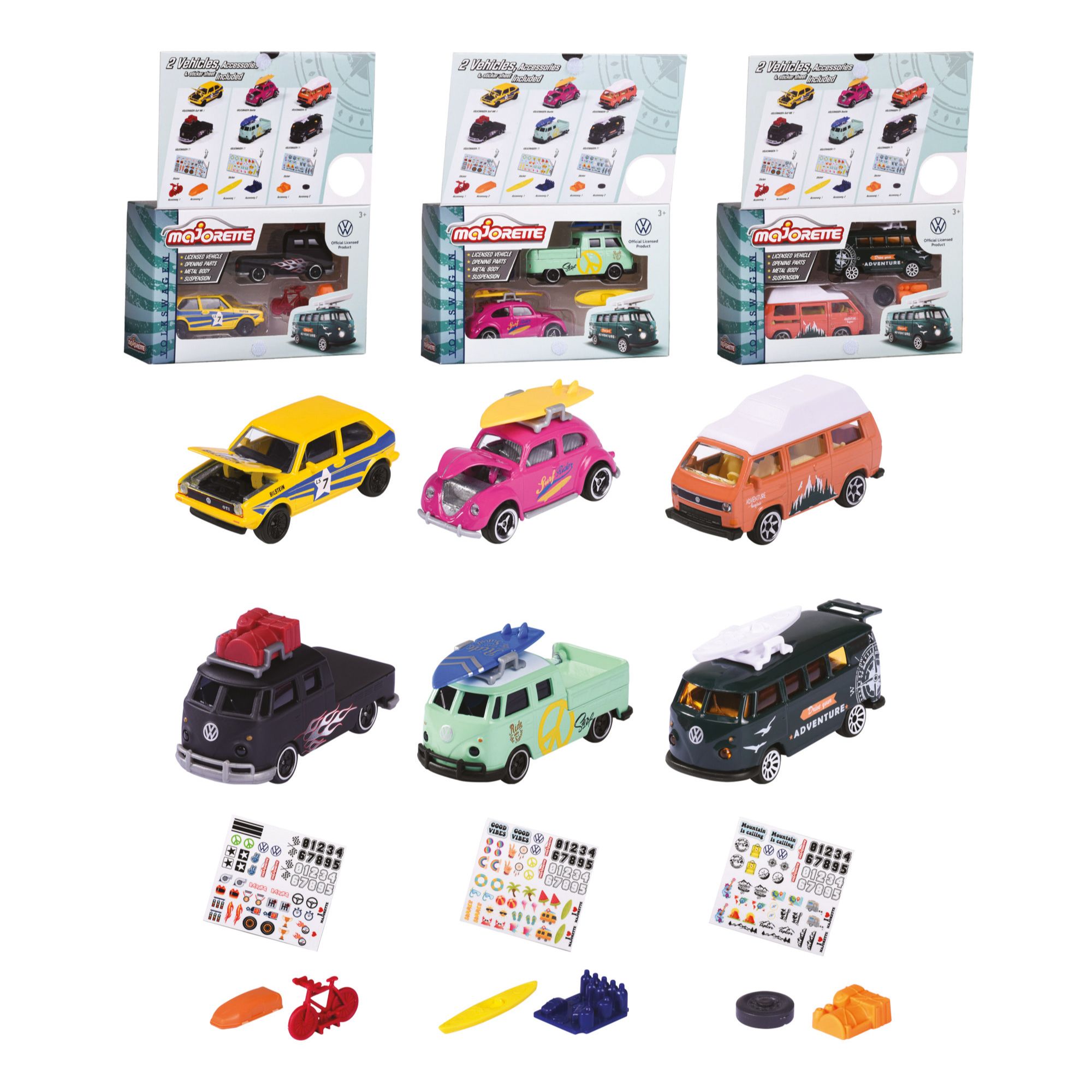 1_SBA212055006 Majorette Volkswagen The Originals Set 2 pz, 3 asst., accessori e stickers inclusi - immagine 1