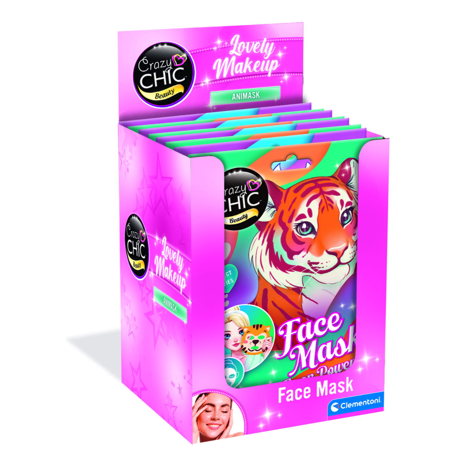 CLM18329 Crazy Chic - Maschera Viso Tigrotto e Unicorno 24 Pezzi - immagine 1