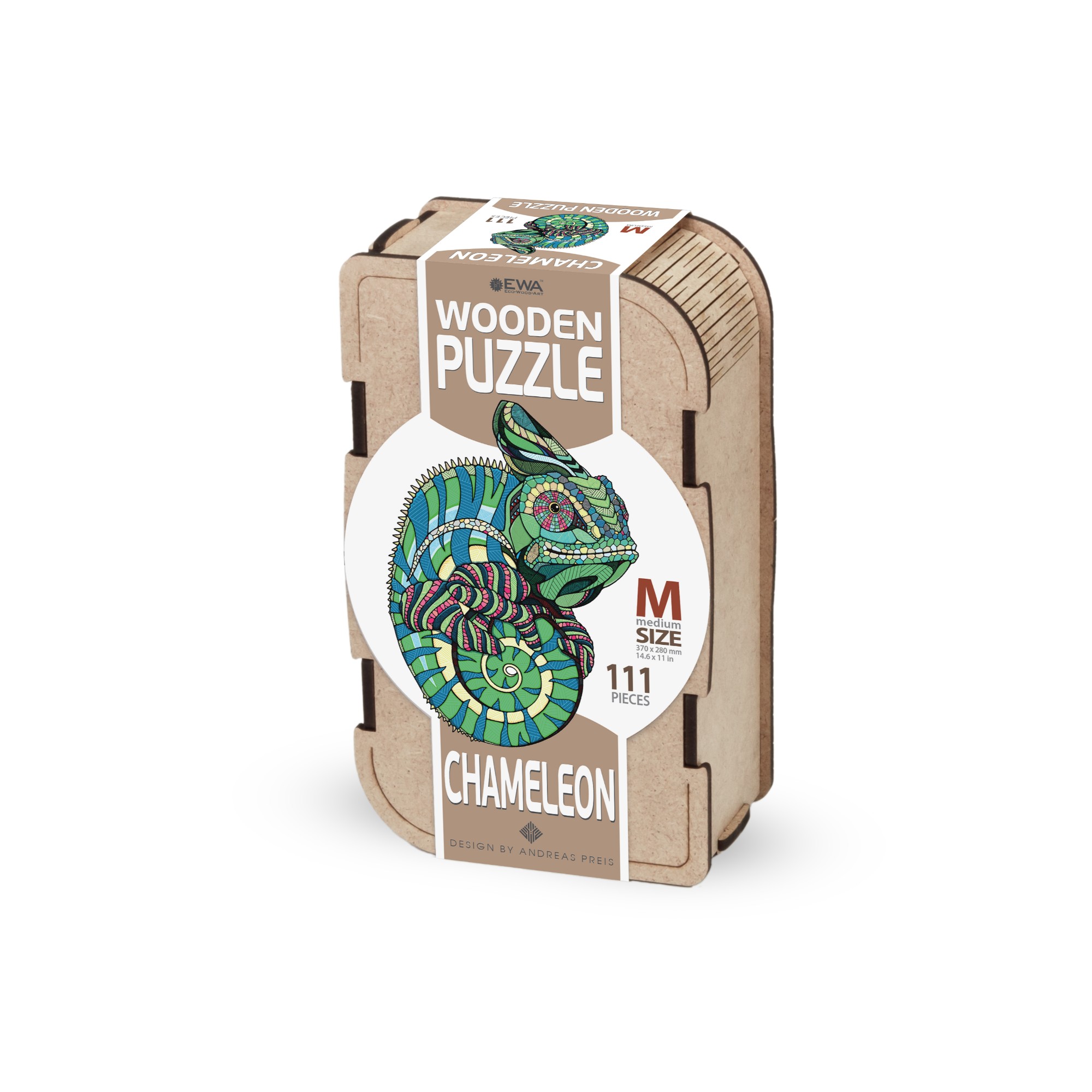 EWA192 Puzzle da 111 Pezzi Sagomato in Legno - Camaleonte (M) con Box in Legno - immagine 1