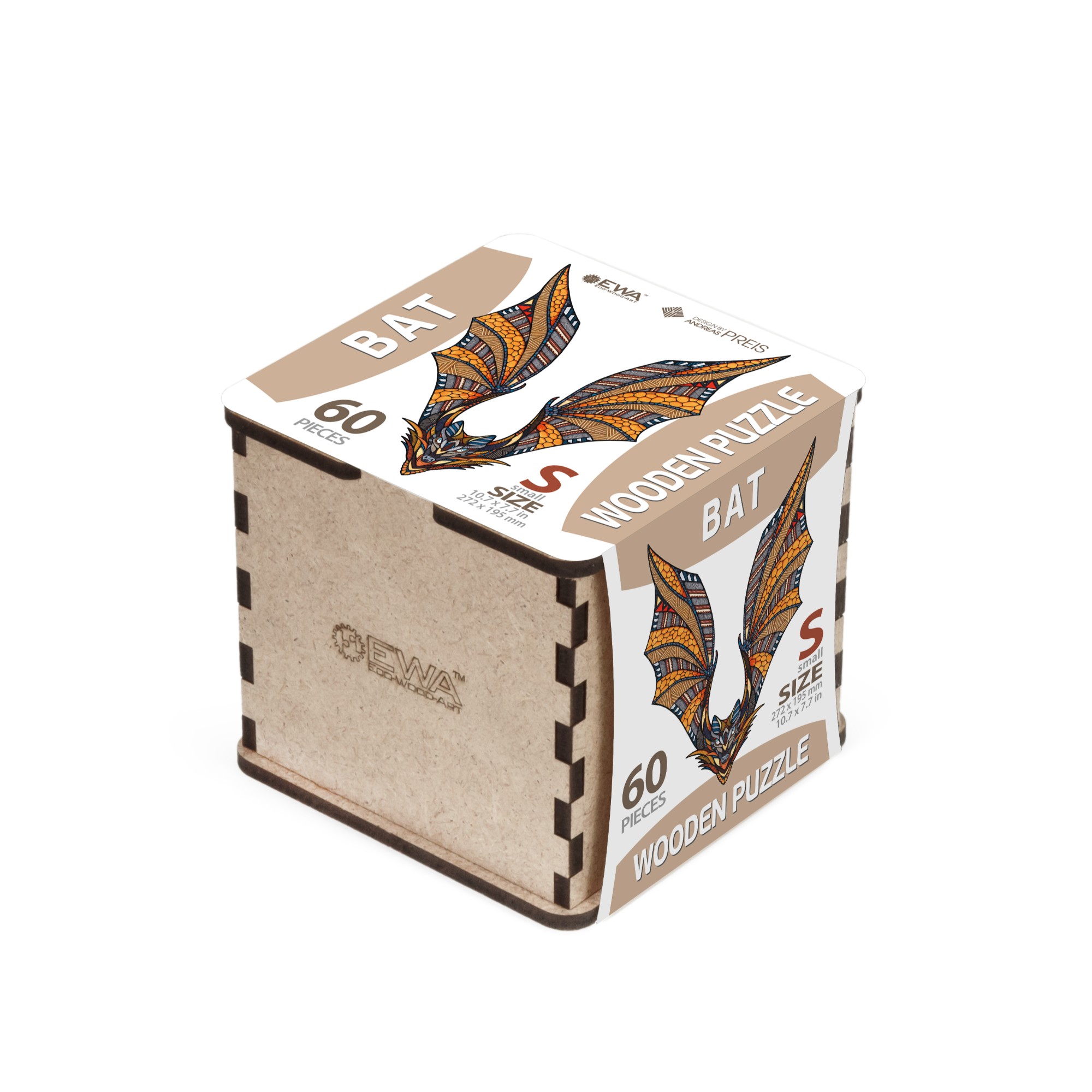 EWA224 Puzzle da 60 Pezzi Sagomato in Legno - Pipistrello (S) con Box in Legno - immagine 1