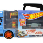 Hot Wheels -  Transporter  40valigetta bisarca porta veicoli apribile su 2 lati con maniglia e scivolo per auto1 auto Hot Wheels inclusa e segnali stradali