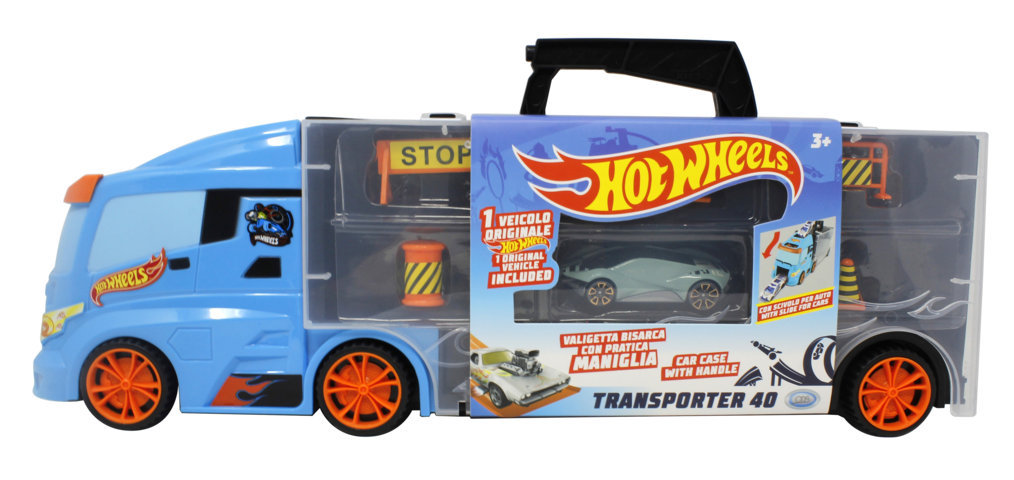 ODS42040 Hot Wheels - Transporter 40valigetta bisarca porta veicoli apribile su 2 lati con maniglia e scivolo per auto1 auto Hot Wheels inclusa e segnali stradali - immagine 1