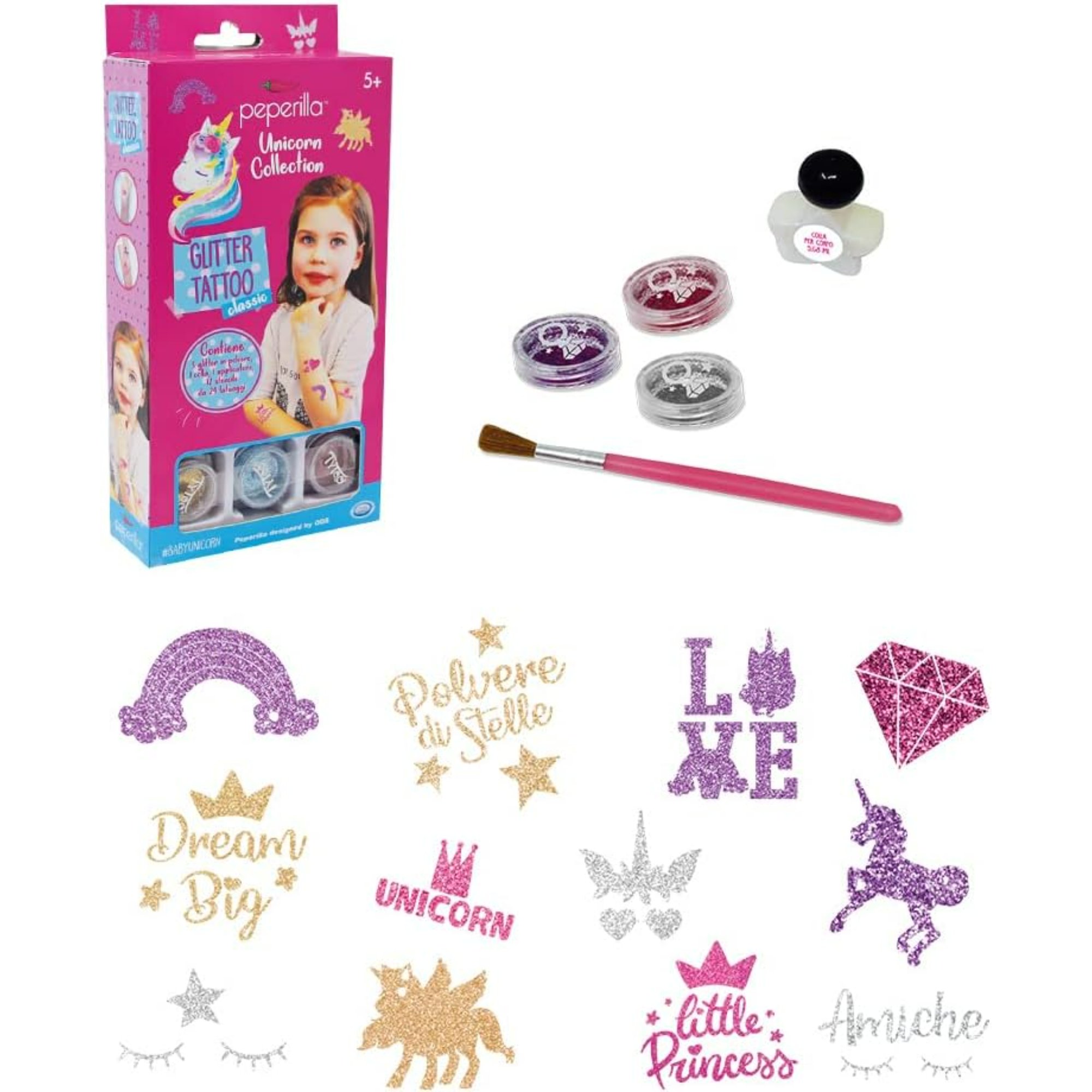ODS43707 Peperilla - Glitter Tattoo Classicset tatuaggi con 3 glitter in polvere,colla, applicatore, 12 stencil da 2 tatuaggi (24 tatuaggi totali)misura confezione 24 x 12 cm - immagine 1