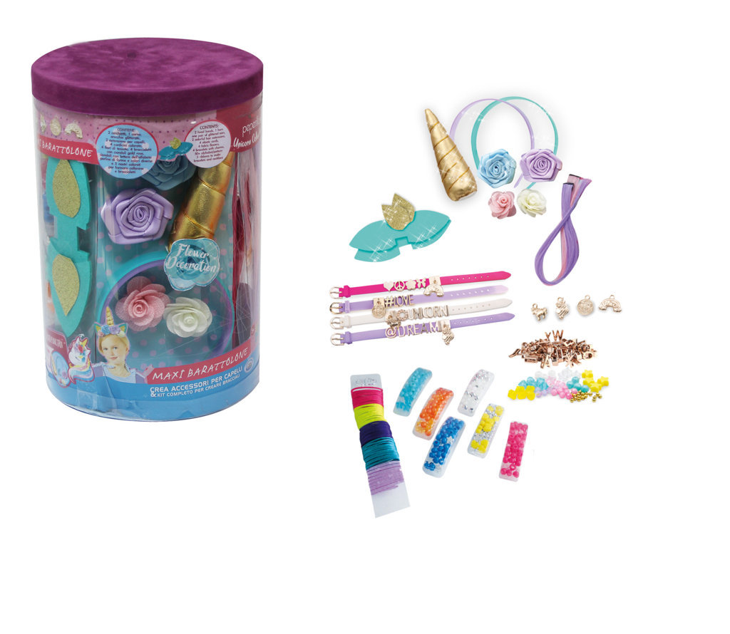 ODS43928 Peperilla - Maxi Barattolone Unicornicon 2 cerchietti, orecchie glitterate, extension arcobaleno, corno, bracialetti, perline e accessorimisura barattolone diam. 17 H 26 cm - immagine 1
