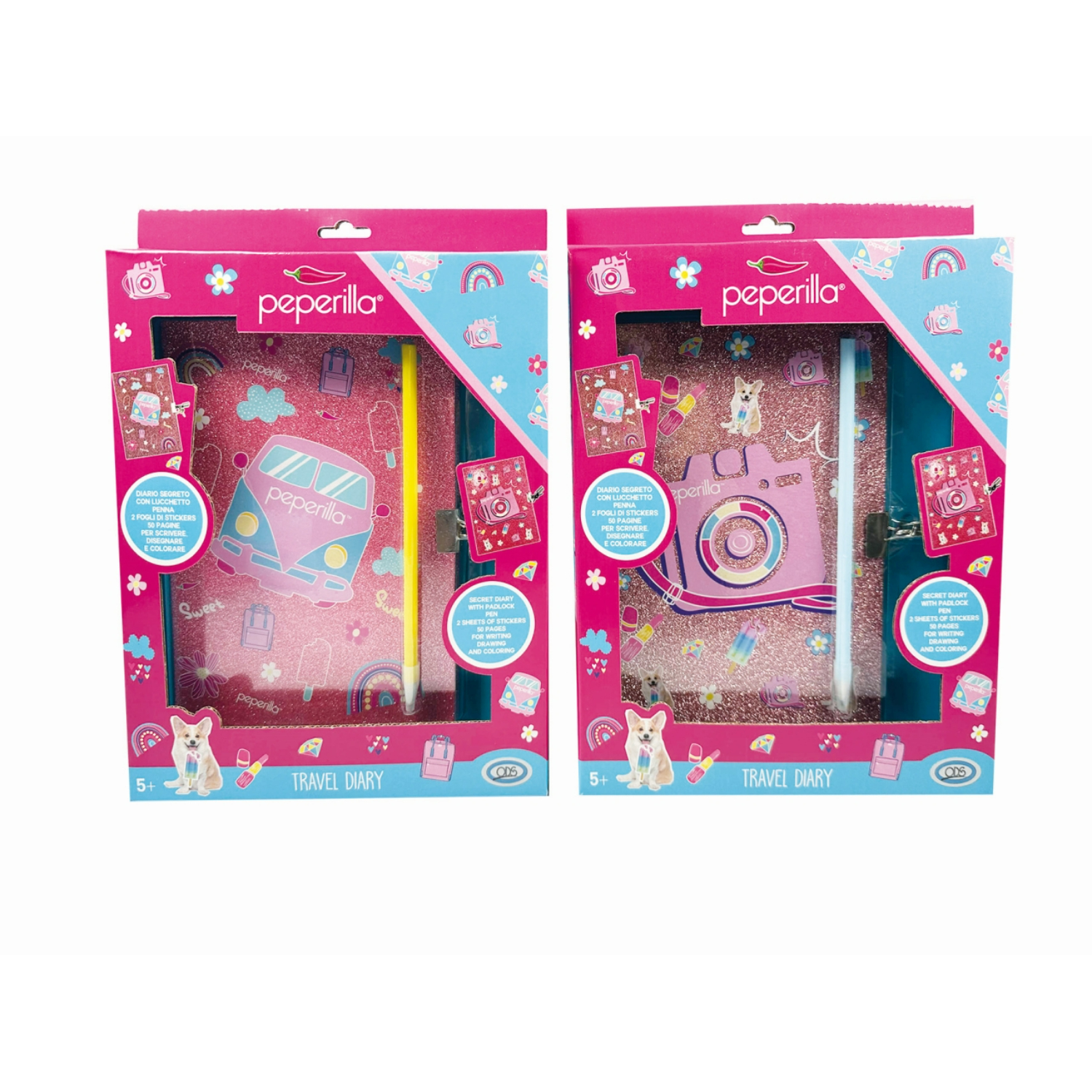 ODS43966 Peperilla - Diario Viaggio con penna e stickersdiario con 50 pagine 2 fogli stickers 3Dpenna, lucchetto - immagine 1