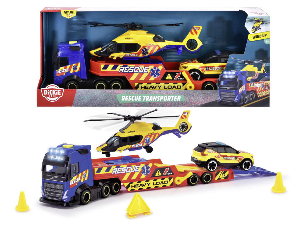 SBA203717005 Dickie - Volvo FH16 Camion Rescue 40 cm Luci e Suoni con Volvo XC40 Recharge e Elicottero Airbus H160 - immagine 1