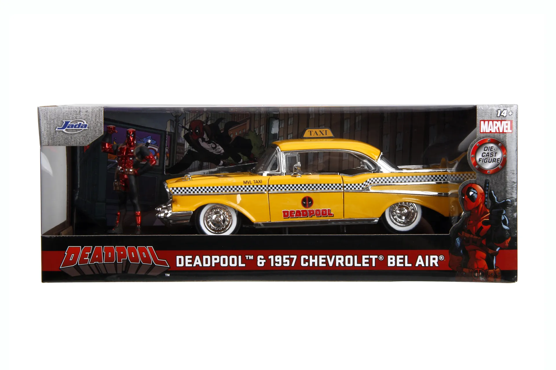 117549__8b9641b2 MARVEL DEADPOOL 1975 CHEVROLET YELLOW TAXI BEL AIR & DEADPOOL 1/24 DIE-CAST MODEL - immagine 1